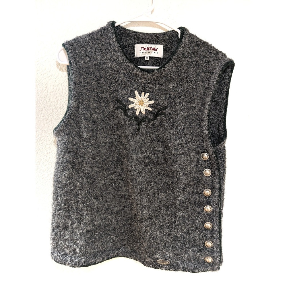 Steffner Country Austrian wool vest with edelweiss embroidery and silver buttons